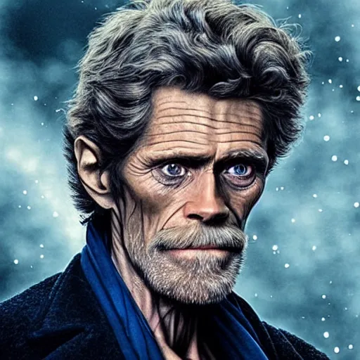 Image similar to willem dafoe as a rough dirty old man with a scruffy beard in a dark blue trenchcoat as the new doctor who, cinematic, volumetric lighting, f 8 aperture, cinematic eastman 5 3 8 4 film, photorealistic by greg rutkowski, by stanley artgerm, by alphonse mucha