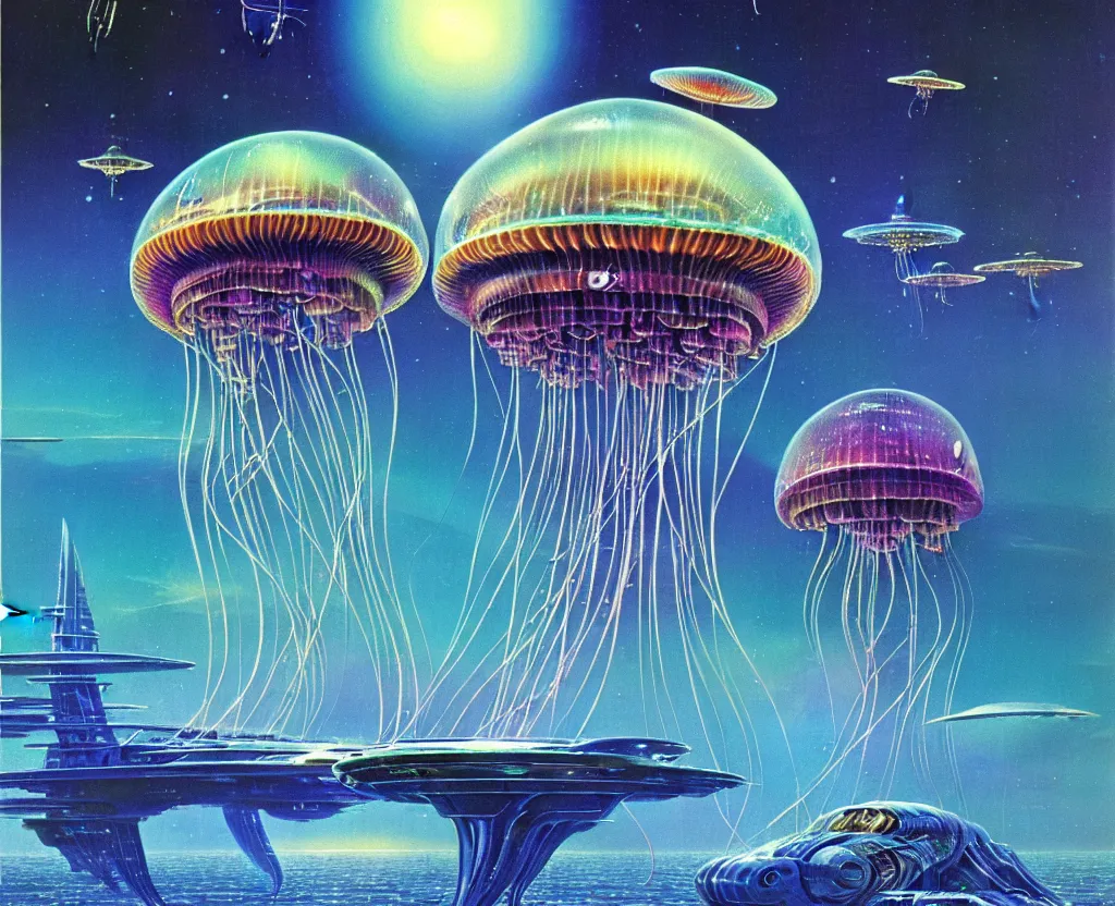 Image similar to jellyfish spaceship by bruce pennington, 1 9 7 0 s sci - fi illustration, detailed hi - res scan from an old book