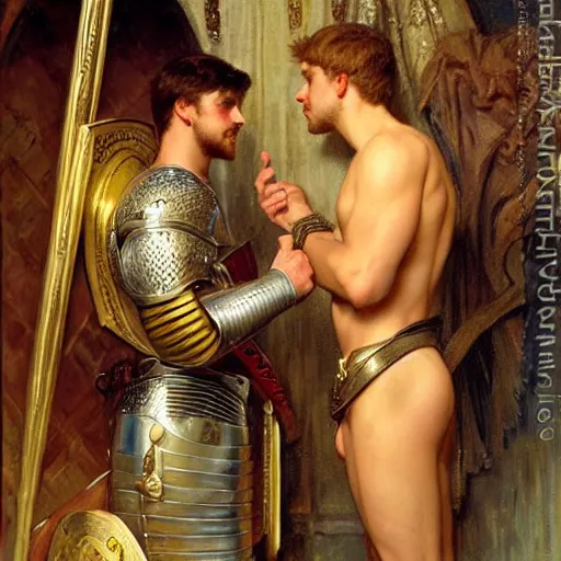 Image similar to attractive fully clothed arthur pendragon confesses his love for his attractive fully clothed male knight. highly detailed painting by gaston bussiere and j. c. leyendecker 8 k