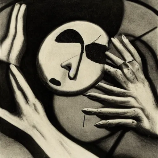 Prompt: desperation; pathetic creature with nothing to lose; hopelessness; drab landscape; desolation; man ray