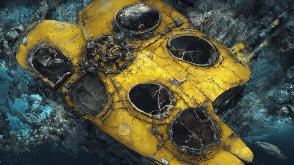 Prompt: a photorealistic dramatic hyperrealistic underwater render of an deep sea habitat, ultra realistic details, glossy yellow, well worn, rust, oil stains designed by vitaly bulgarov and mike nash, beautiful dramatic dark moody tones and lighting, cinematic atmosphere, global illumination, shadows, dark background, octane render, 8 k