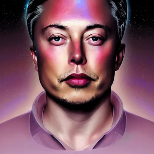 Image similar to dream portrait of Elon Musk, dreamy and ethereal, expressive pose, big pink eyes, exciting expression, fantasy, intricate, elegant, many rainbow bubbles, rose tones, highly detailed, digital painting, artstation, concept art,cyberpunk wearing, smooth, sharp focus, illustration, art by artgerm and greg rutkowskiand alphonse mucha,Salvador Dali.