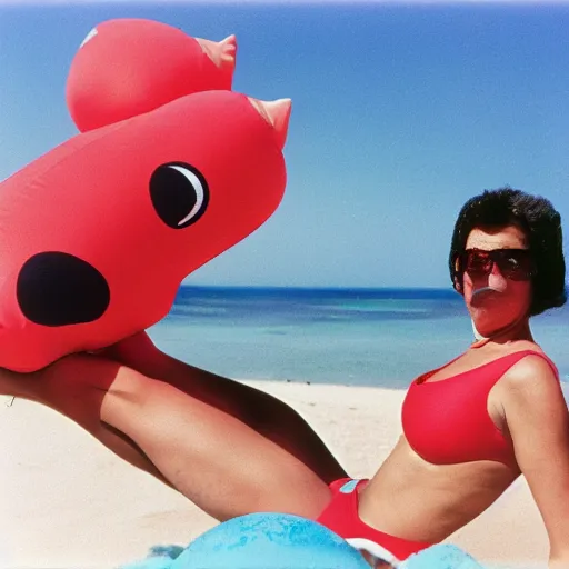 Image similar to A sad woman wearing an inflatable animal to the beach, 1980, color film expired film, aged photo, fellini almodovar john waters