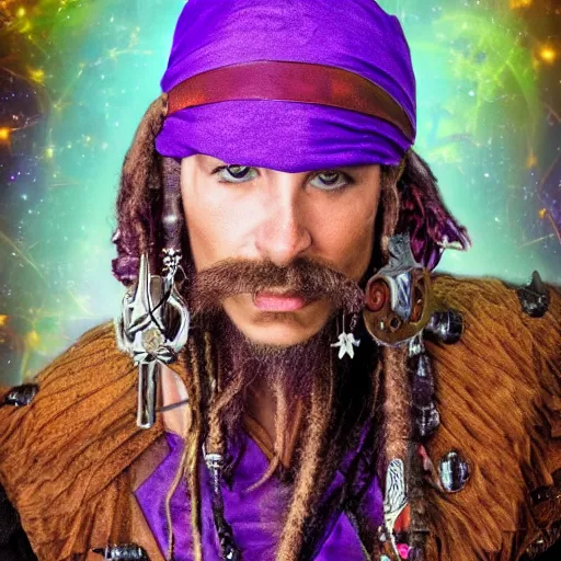 Image similar to a portrait photo of a fantasy mythical futuristic sci - fi pirate, purple themed