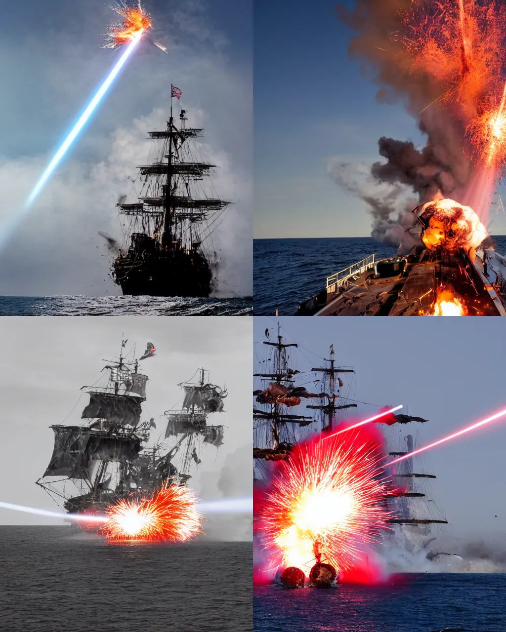 Prompt: action photography of an explosion caused by a laser beam hitting a pirate ship, fast shutter speed, high speed, action photo, 1/1000 sec shutter