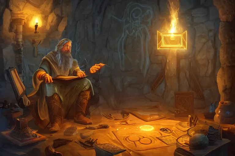 Image similar to A skilled sorcerer in their study, drawing glowing magic runic symbols in the air, enchanting objects with glyph magic, D&D fantasy setting, 4k