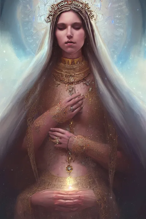 Image similar to A beautiful digital painting of a female Seraphim full of jewels, princess, the moon behind her, intricate, cinematic lighting, highly detailed, digital painting, Artstation, concept art, smooth, sharp focus, illustration, art by Tom Bagshaw, Artgerm and Greg Rutkowski