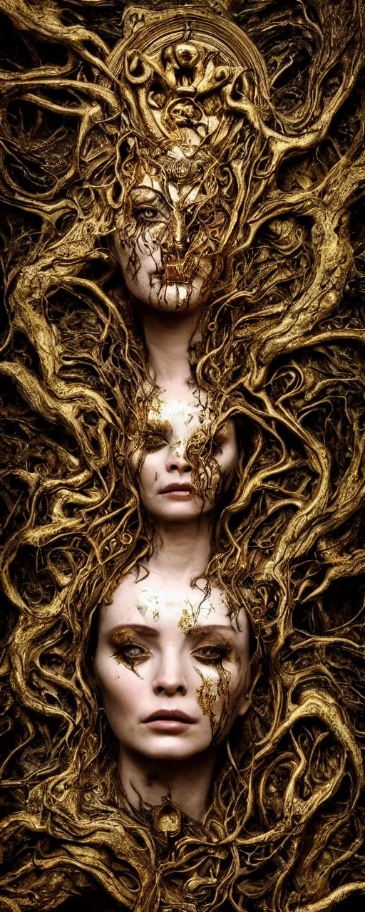 Prompt: portrait photo of a goddess floating in the middle of a ancient wood, gold fluid in the background, ultra super good realistic photo by Pete Morbacher and Emil Melmoth, insanely detailed, sharp focus