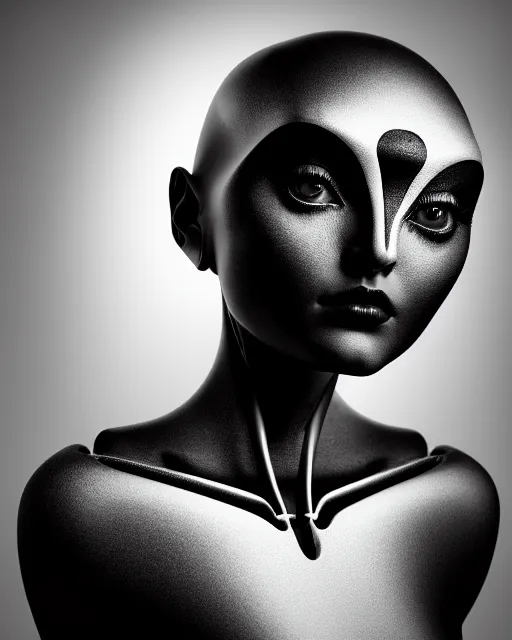 Image similar to surreal mythical dreamy dark artistic black and white fine art 3 / 4 portrait photo of a young delicate female robot - vegetal - human with orchid - owl face, rim light, cinematic, studio dramatic light, poetic, octane render, 8 k, photo - realistic