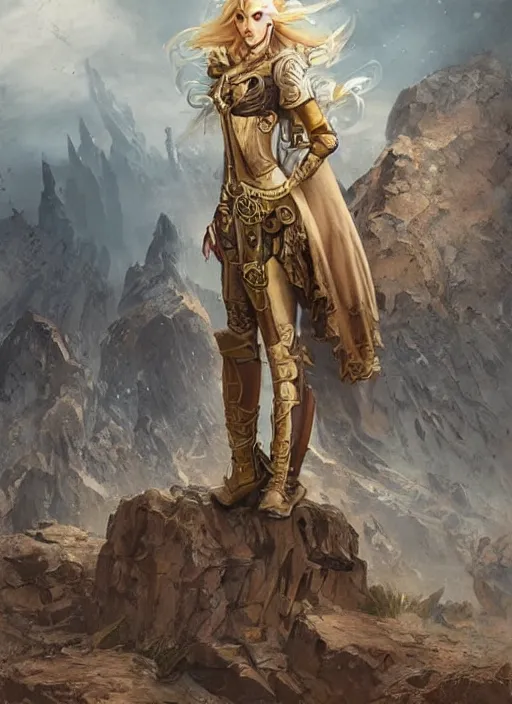 Image similar to highly detailed steampunk armor on a blond who is standing on a rock : greg rutkowski, magali villeneuve