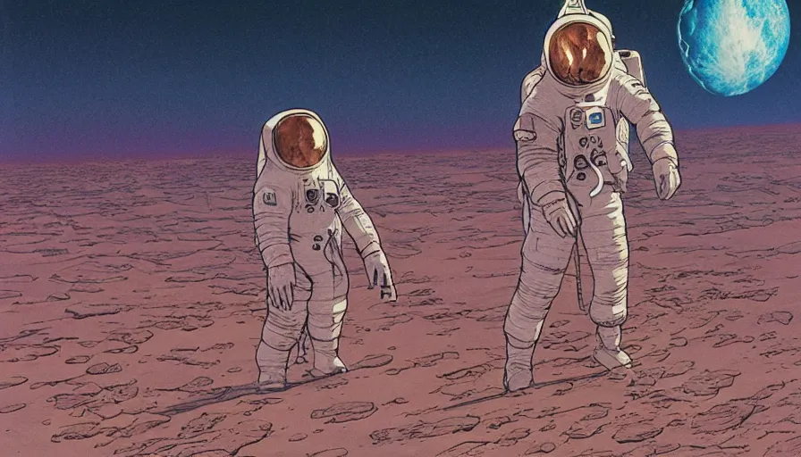 Prompt: travel to the moon in the style of Moebius