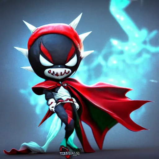 Prompt: super cute chibi Spawn 3D concept art by Todd mcfarlane, 4K, Full body, elegant, octane render, intricate, glowing effect, ornate, dynamic, centered, sharp focus, beautiful detailed, Game Art!!, hyper detailed, no background, cinematic, raytrace, Trend on artstation, C4D