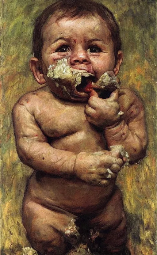 Image similar to baby with a adult face of Putin eating used up diapers covered in brown substance, Putin face of fear, ugly body painted by Lucian Freud, Ilya Repin