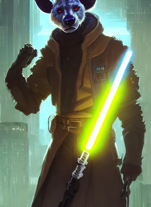 Prompt: beautiful portrait commission of a male furry anthro hyena fursona wearing cyberpunk jedi robes and wielding a yellow lightsaber in his left hand. Cyberpunk city at night in the rain. character design by charlie bowater, ross tran, artgerm, and makoto shinkai, detailed, inked, western comic book art