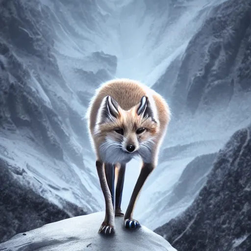 Prompt: alien ice fox walking through mountains, amazing landscape, 8k, digital art