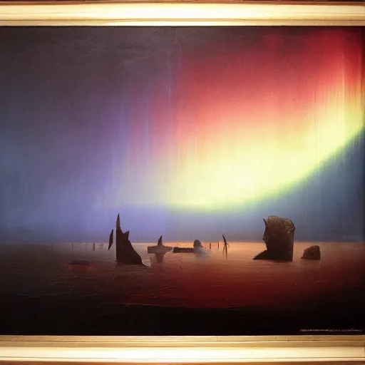 Image similar to the epic abstract painting'blue arctic void with black and red aurora borealis above a pod of humpback whales ', by caspar david friedrich!!!, by rothko!!!, stunning masterpiece, trending on artstation