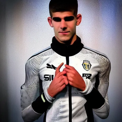 Image similar to “a realistic detailed photo of a guy who is an attractive humanoid who is half robot and half humanoid, who is a male android, Christian Pulisic, shiny skin, posing like a statue, blank stare, press conference, on display”