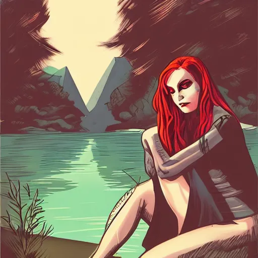 Image similar to a beautiful comic book illustration of a vampire woman with long red hair sitting near a lake at night by chip zdarsky, featured on artstation