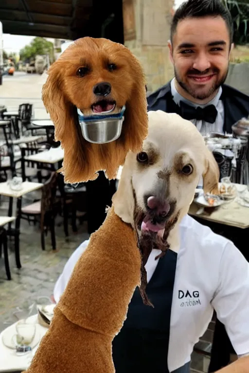 Prompt: a waiter who has a dog's head