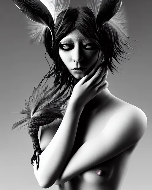 Image similar to surreal mythical dreamy dark artistic black and white fine art 3 / 4 portrait photo of a young delicate mutant female - cyborg - vegetal - orchid - bird with long pale feather hair, rim light, cinematic, studio dramatic light, poetic, octane render, 8 k, photo - realistic