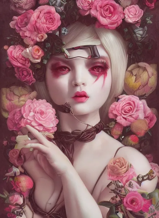 Prompt: pop surrealism, lowbrow art, realistic seductive cute woman painting, pink body harness, long hair, japanese shibari with flowers, hyper realism, muted colours, rococo, natalie shau, loreta lux, tom bagshaw, mark ryden, trevor brown style,