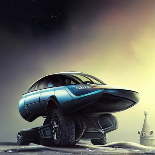 Image similar to futuristic lada flying car on the street of a Russian sleeping quarters on the moon, Norilsk, sci-fi, fantasy, intricate, very very beautiful, elegant, highly detailed, digital rendering, Cinema 4D, artstation, concept art, smooth, sharp focus, illustration, art by artgerm and greg rutkowski and alphonse mucha