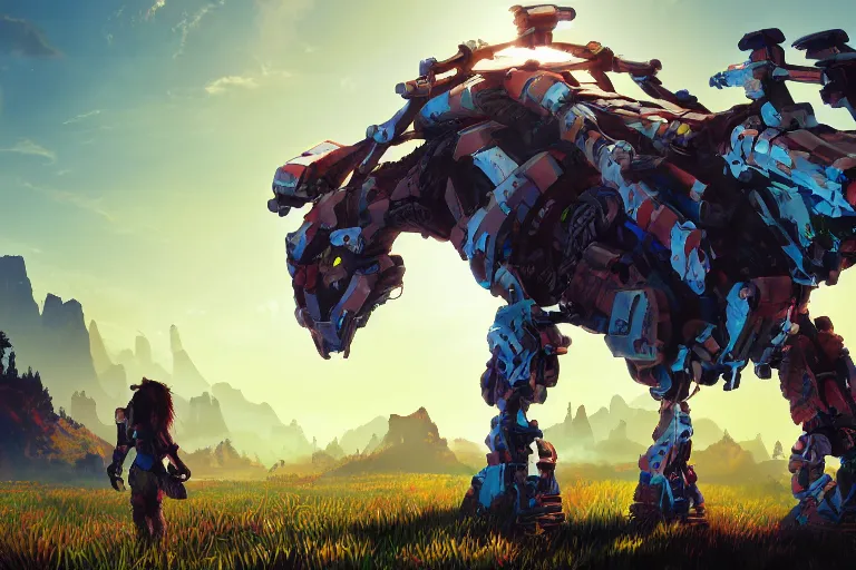 Image similar to grazer machine creature robot of horizon forbidden west horizon zero dawn radiating a glowing aura global illumination ray tracing hdr fanart arstation by ian pesty and alena aenami artworks in 4 k