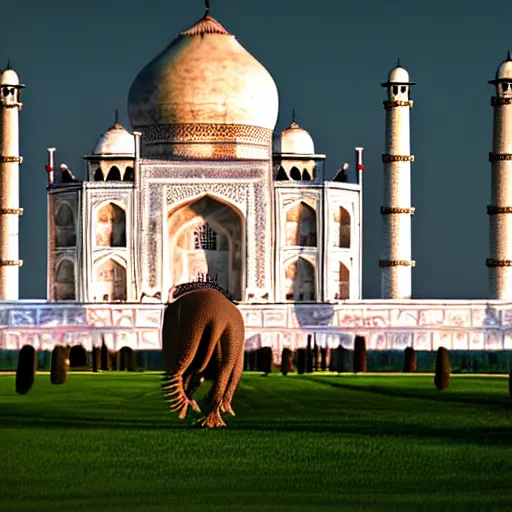 Image similar to a photo of t-rex roaming around the Taj Mahal long shot iso 100_