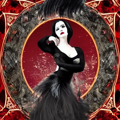 Image similar to dark swan queen, black hair, black feathers instead of hair, gothic, red lips, feathers growing out of skin, black fingers with black claws, bird feet, black bodysuit, disney villain, dark fae, moulting, suspended in zero gravity, on spaceship with cables hanging down, highly detailed, mucha