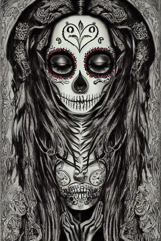 Prompt: Illustration of a sugar skull day of the dead girl, art by Ernst Fuchs