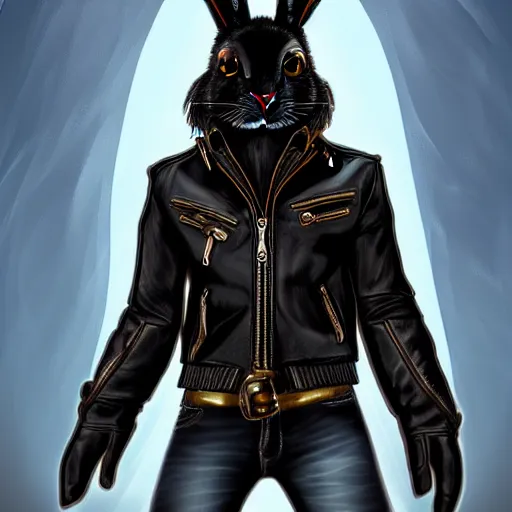 Image similar to A bunny with a small head wearing a fine intricate leather jacket and leather jeans and leather gloves, trending on FurAffinity, energetic, dynamic, digital art, highly detailed, FurAffinity, high quality, digital fantasy art, FurAffinity, favorite, character art