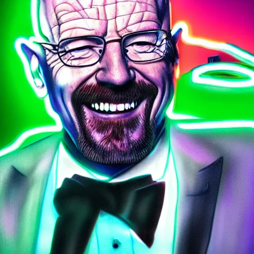 Image similar to portrait of walter white in a tuxedo, laughing in a modern night club, neon lights