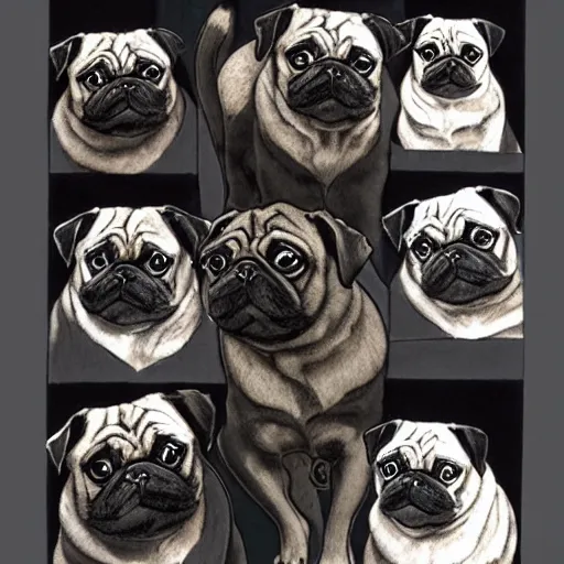 Image similar to self portrait showing family of pugs by yoji shinkawa, extra details, colored, 4 k, dynamic lighting