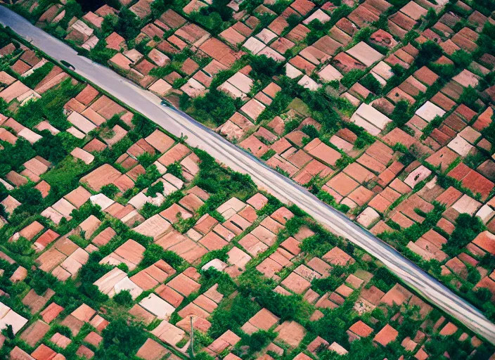 Prompt: realistic documentary aerial photo of a village with many roads and 1 9 9 0, life magazine reportage photo, neutral colors, neutral lighting