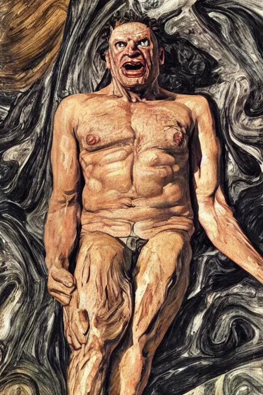 Image similar to Beast ,fully clothed, from the X-Men oil painting by Lucian Freud