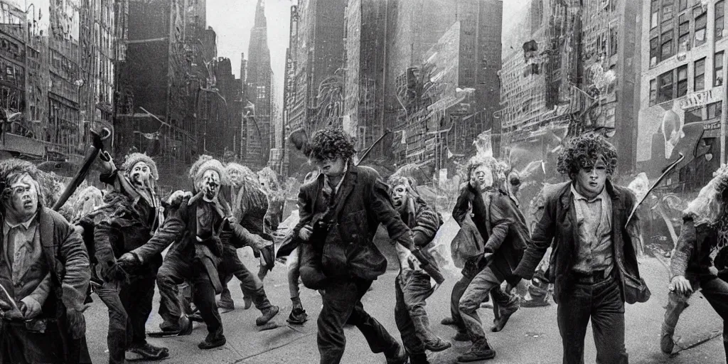 Prompt: hobbits rioting in the streets of new york, surrealism aesthetic, detailed facial expressions