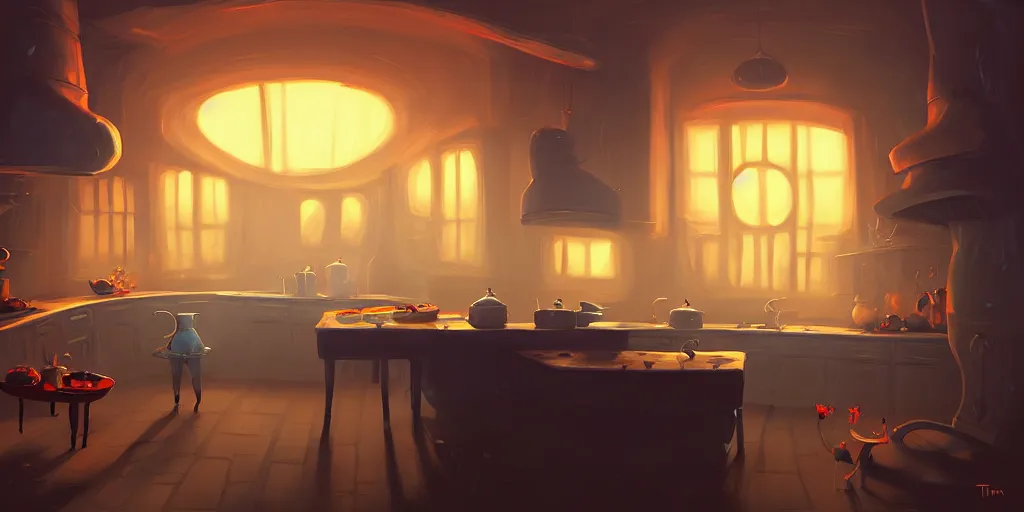 Prompt: curved perspective digital art of a dim lit kitchen from Tim Burtons Nightmare Before Christmas by bastien grivet