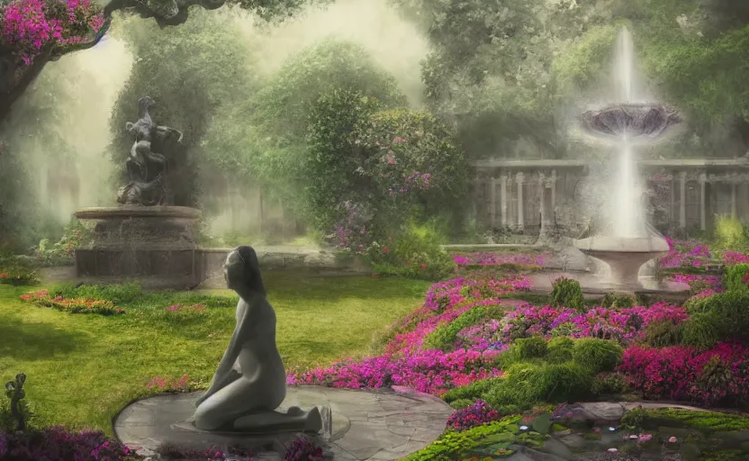 Image similar to The kneeling statue of a woman in a beautiful garden, next to a fountain and a mystical palace, and all this in a foggy and mysterious atmosphere.Fantasy and concept art, colorful digital painting.