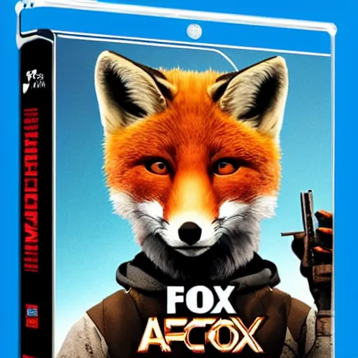 Prompt: blu-ray movie box cover for an action movie featuring an anthropomorphic fox dressed in adventure clothing