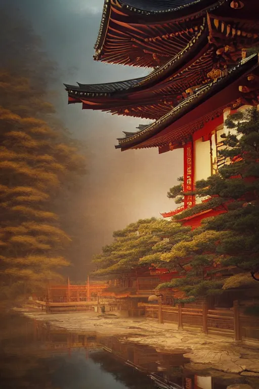 Image similar to Japanese Buddhist temple scenery, powerfull, intricate, elegant, volumetric lighting, digital painting, highly detailed, artstation, sharp focus, illustration, concept art, ruan jia, steve mccurry