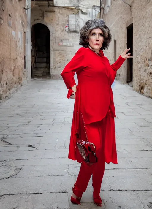 Image similar to portrait of beautiful 40-years-old Italian woman, wearing a red outfit, well-groomed model, candid street portrait in the style of Martin Schoeller award winning, Sony a7R