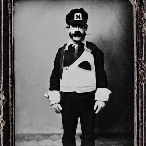 Prompt: Nintendo's Mario dressed as a plumber at the Ellis Island immigration office happily acquiring his citizenship, daguerreotype portrait