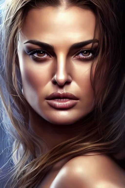 Image similar to symmetry!! high quality portrait of a woman who resembles carmen electra!! mixed with natalie portman in the style of god of war, machine parts embedded into face, intricate, elegant, highly detailed, digital painting, artstation, concept art, smooth, sharp focus, illustration, art by artgerm and greg rutkowski and alphonse mucha, 8 k