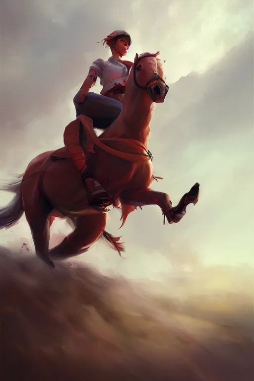 Image similar to a painting of a person riding a horse, a digital painting by mandy jurgens, trending on artstation, action painting, speedpainting, detailed painting, 2 d game art