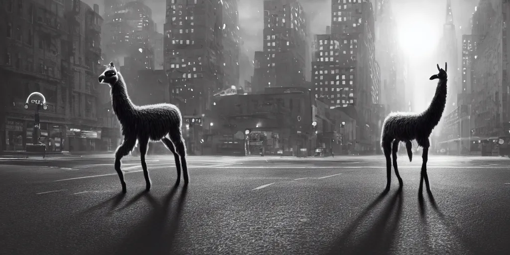 Image similar to a llama walking away from the camera into a desolate manhattan city street at night, statue of liberty seen in the background, realistic 4 k octane beautifully detailed render, 4 k post - processing, highly detailed, detailed face, intricate complexity, epic composition, magical atmosphere, cinematic lighting, masterpiece, ultra hd