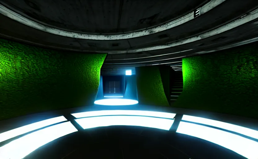 Prompt: in-game screenshot on unreal engine 5, in a liminal underground garden, retrofuturism, brutalism, staggered terraces, minimalist