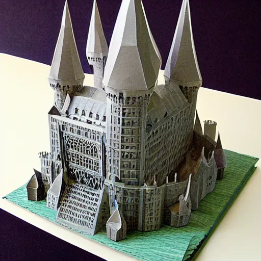 Image similar to intricate cut paper sculpture of hogwarts castle in a book