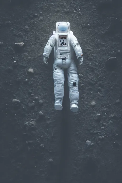 Image similar to a bottom view of a walking astronaut, photography, out - space background, cinematic lighting, 8 k