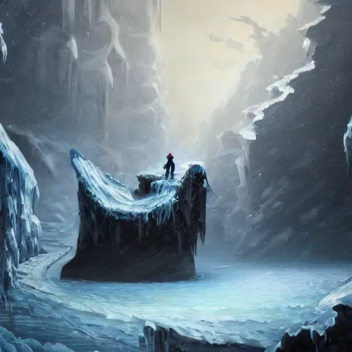 Prompt: A highly detailed oil painting in the style of Greg Rutkowski and Afremov of a very deep, very very dark cave with a huge frozen lake in the middle of it and an Ancient Ice dragon sleeping near a very big treasure pile, in the middle of a blizzard.