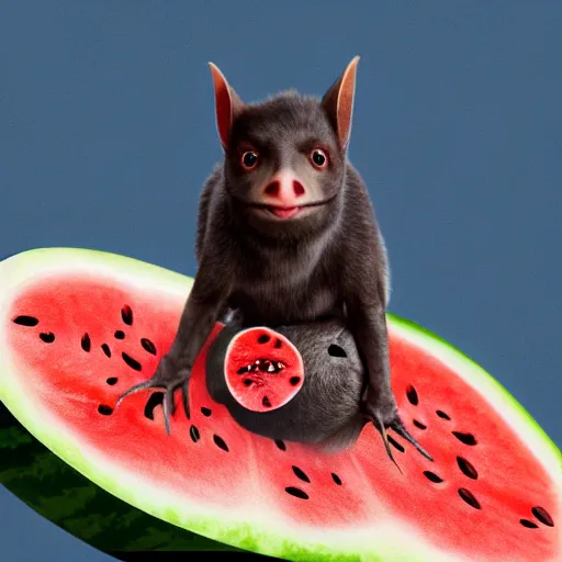 Image similar to cute kawaii realistic fruit bat eats a watermelon piece, digital art, high quality, illustration, art, detailed, 3 d render, sticker,